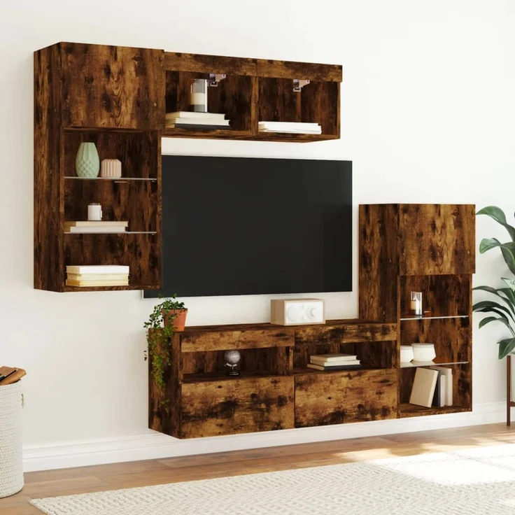 5-tlg. Wohnwand Schrankwand mit LED-Beleuchtung Räuchereiche Holzwerkstoff – Bild 3