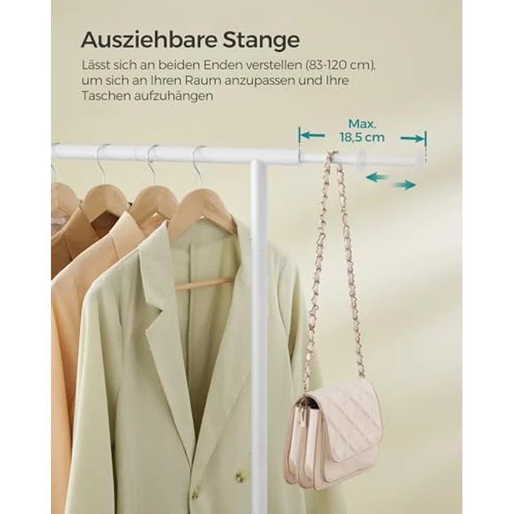 SONGMICS Kleiderständer auf Rollen, ausziehbare Kleiderstange, Garderobenständer aus Stahlrohren, erhöhte Ablagestange, 40 x (83-120) x 156 cm, wolkenweiß HSR134W01 – Bild 4
