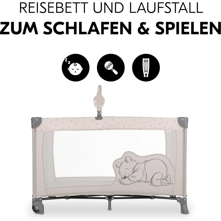 hauck Kinderreisebett Dream N Play Go mit Spielbogen, Rollen und Transporttasche, Klein Zusammenklappbar, Baby Reisebett Kleinkind ab Geburt bis 15 kg (Disney Pooh Rainbow Beige) – Bild 2