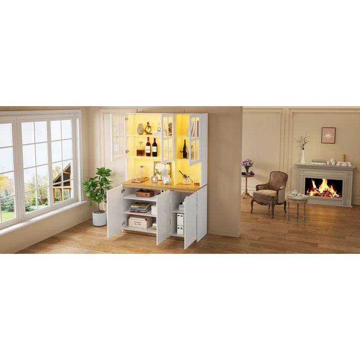 ZUBALIYA Vitrinenschrank 120x200cm, Buffetschrank mit LED-Beleuchtung, Küchenschrank mit Glasrahmentüren, Weiß mit Holzoptik, großer Wohnzimmerschrank als Barschrank, Geschirrschrank und Aufbewahrungsschrank – Bild 19