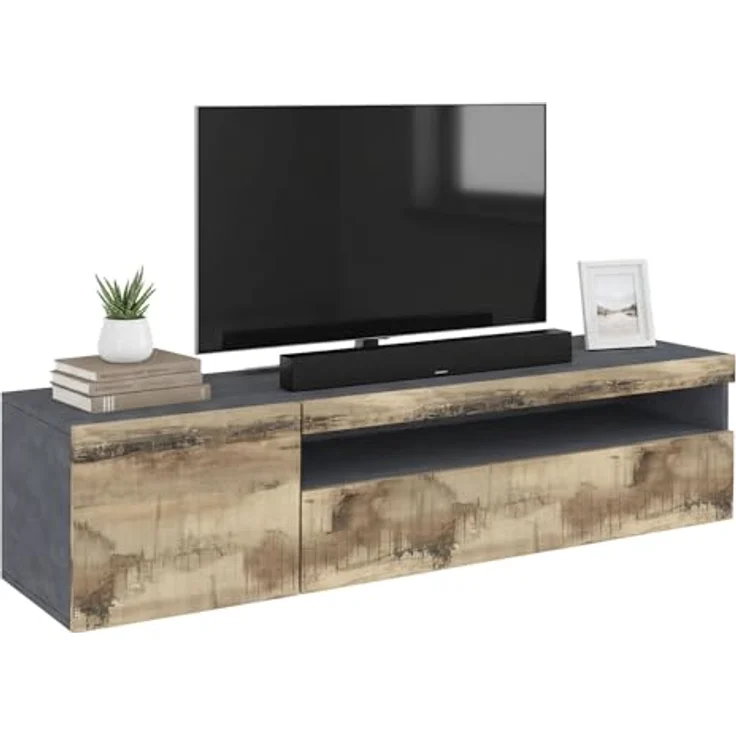 Dmora - TV-Schrank Claudio, niedriges Wohnzimmer-Sideboard, Fernsehständer-Basis, 100 % Made in Italy, 150 x 40 x 37 cm, Schiefer und Ahorn, – Bild 2