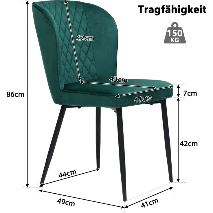 Esszimmerstuhl-Set (6 Stück) Dunkelgrün Samt, Metallgestell, 47x43x86 cm – Bild 10