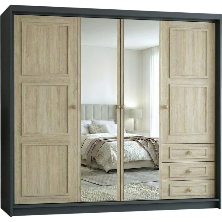 Drehtürenschrank OSLO viertüriger Kleiderschrank mit Schubladen und Metallgriffen – Bild 2