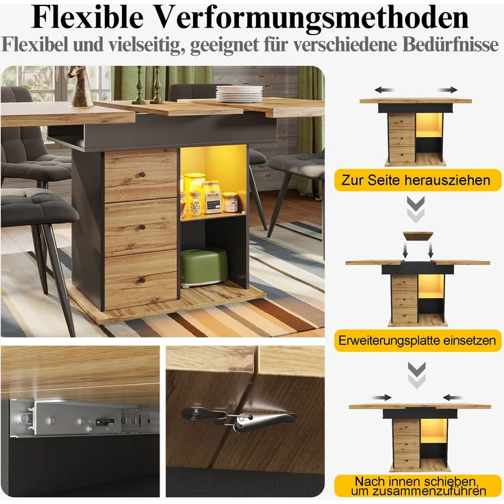Abrihome Ausziehbarer Esstisch 110-140x80 cm für 4-6 Personen mit LED, Schwarz – Bild 3