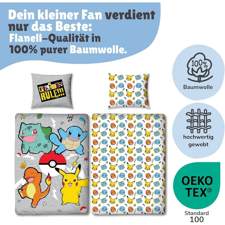 Flanell-Bettwäsche Pokemon Rock 135x200 80x80 cm in Grau mit Pikachu, Glumanda, Shiggy und Bisasam aus 100% Baumwolle – Bild 5