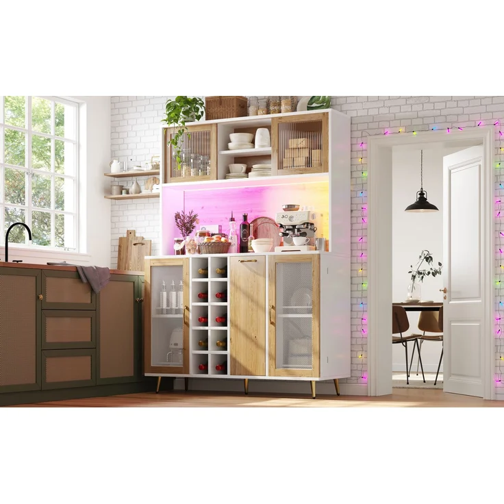 Seitenboard / Aufbewahrungsschrank / Multifunktions-Küchenschrank / Buffetschrank, 120x40x170cm, mit LED-Beleuchtung, Weinregal & Snackregal, 5 Türen, integrierte Steckdose, Weiß mit Holzoptik – Bild 6