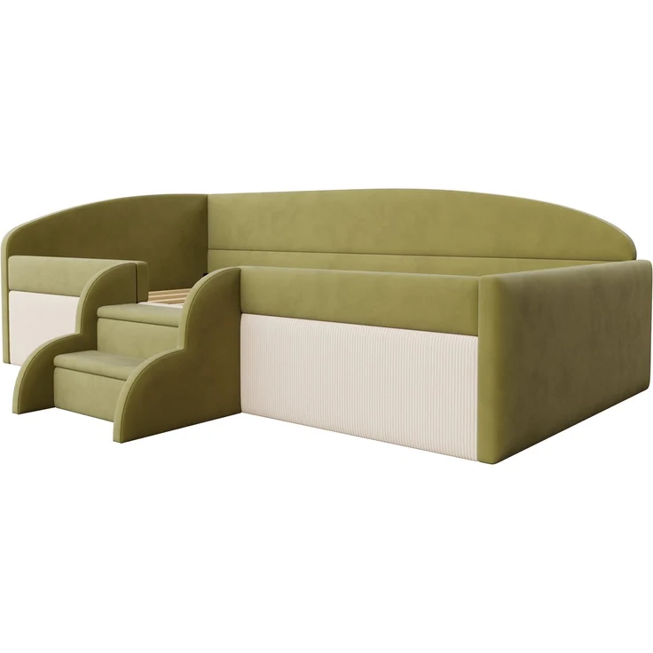 Kinderbett 90×190 cm mit Samt,Colorblock-Design,Schutzgitter & rutschfesten Stufen,gepolstertes Juniorbett,Dunkelgrün & Cremeweiß – Bild 4