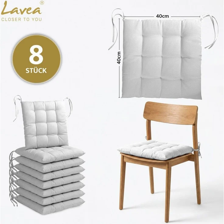 Lavea Stuhlkissen Lavea® Sitzkissen & Stuhlkissen 40x40 cm – 4er/8er Set, 40x40x3 cm, mit Stoffbändern, Indoor & Outdoor, für Garten & Balkon – Bild 2