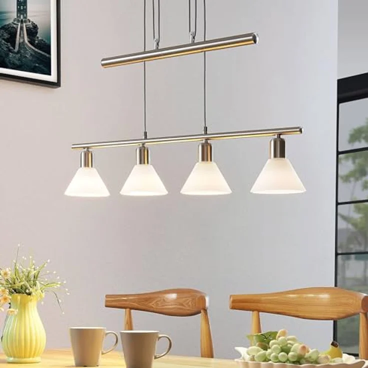 Lindby Pendellampe Delira, 4-flg. nickel, höhenverstellbar mit marmorierten Glasschirmen, für E14 LED Leuchtmittel – Bild 3