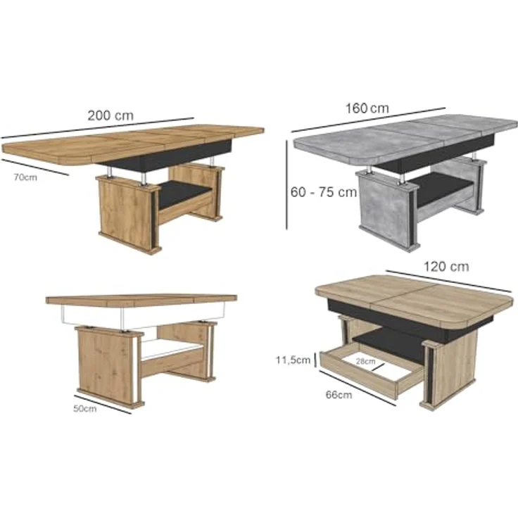 designimpex Couchtisch Design DA-555 Schublade höhenverstellbar ausziehbar Tisch abgerundet – Bild 8