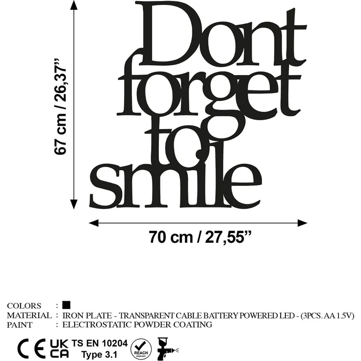 Wallity 'Dont Forget To Smile 183' Dekoratives Wandaccessoire aus Metall, Schwarz, 70 x 67 cm – Bild 7