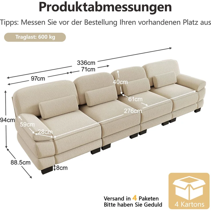 DESVIAE Sofa Beige aus Cord – 336x88,5x94 cm – Lendenkissen, modulare Elemente – Bild 10