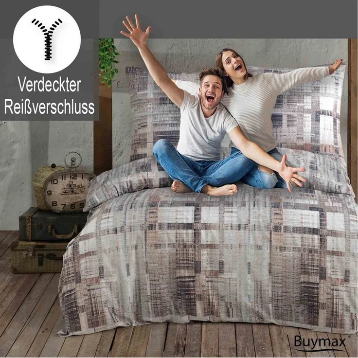 Buymax Bettwäsche Alvaro, Renforce: 100% Baumwolle, 2 teilig, 135x200 cm, Bettbezug-Set mit Reißverschluss Karo Kariert, Braun Beige – Bild 3