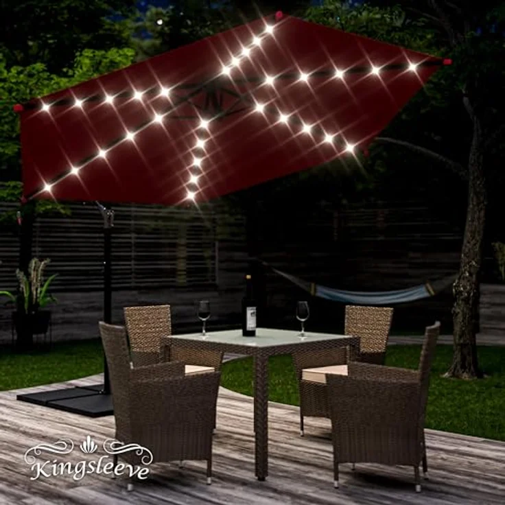 Kingsleeve Sonnenschirm 300 cm LED Beleuchtet UV Schutz 80+ Schutzhülle Kurbel Ampelschirm Rot – Bild 3