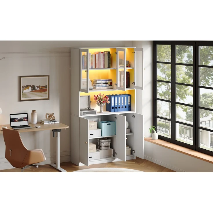 Bücherschrank 100×35×200 cm mit Glastüren und LED-Beleuchtung – Standregal mit Vitrine, offenem Fach und 3 Türen, Aktenschrank für Ordner und Bücher, Weiß--Weiß--100x35x200cm--YOUDENOVA – Bild 10
