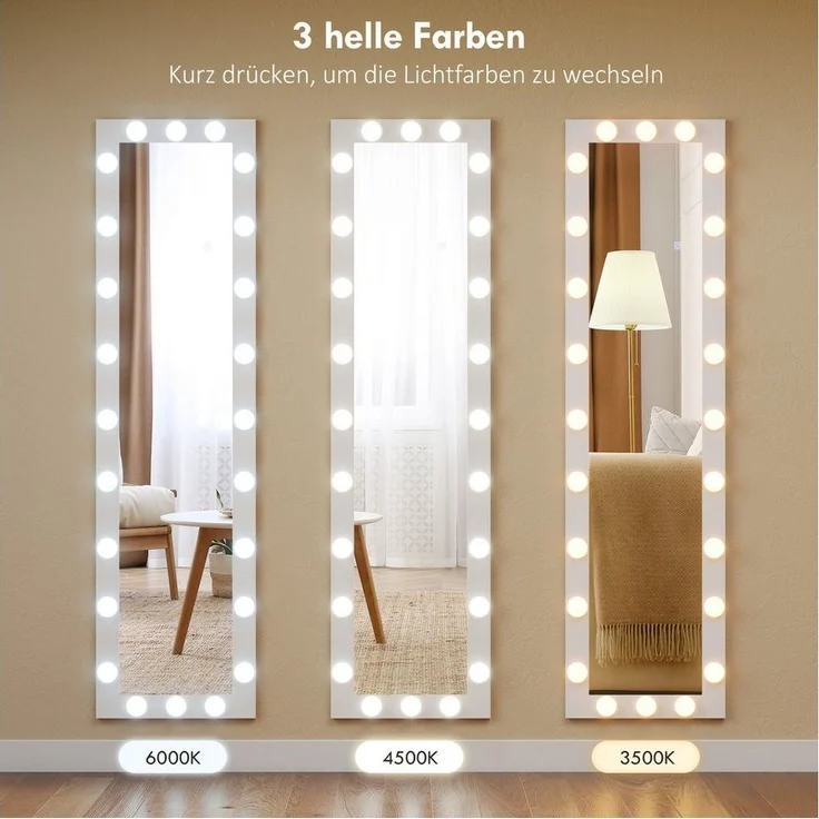 HOMCOM Standspiegel mit 24 Glühbirnen, 3 Lichtfarbe, Touch-Schalter, Memory-Funktion (Stehspiegel, 1-St, Wandspiegel), für Wohnzimmer, Schlafzimmer, Weiß – Bild 3