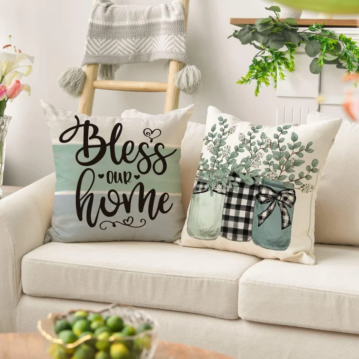 Kissenbezüge 45×45 cm 4er-Set Eukalyptus-Kranz, Bless Our Home, Buffalo Plaid, Frühling Deko – Bild 4