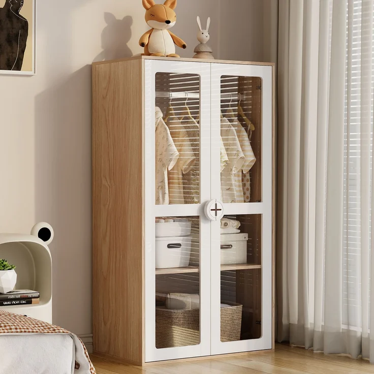 Kleiderschrank & Nachttisch Set 10-Regale Aufbewahrung Glas-Türen Weiß/Holz, Sideboard & Jugendzimmer – Bild 3