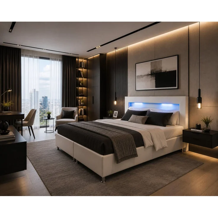 inter Boxspringbett Monaco Kunstleder mit 7 Zonen Taschenfederkernmatratzen und Topper (180x200 cm, Weiß mit 7 Zonen Taschenfederkernmatratzen und Topper), Taschenfederkern-Komfort, Kopfteil mit LED, inklusive Matratzen – Bild 1