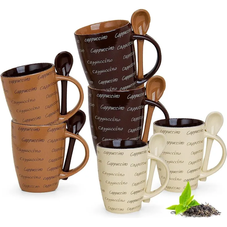 matches21 HOME & HOBBY Tasse Kaffeetassen Löffel 6er Set mit Spruch Cappuccino, Keramik, Tee Kaffee-Becher, modern, cremefarben braun, 250 ml