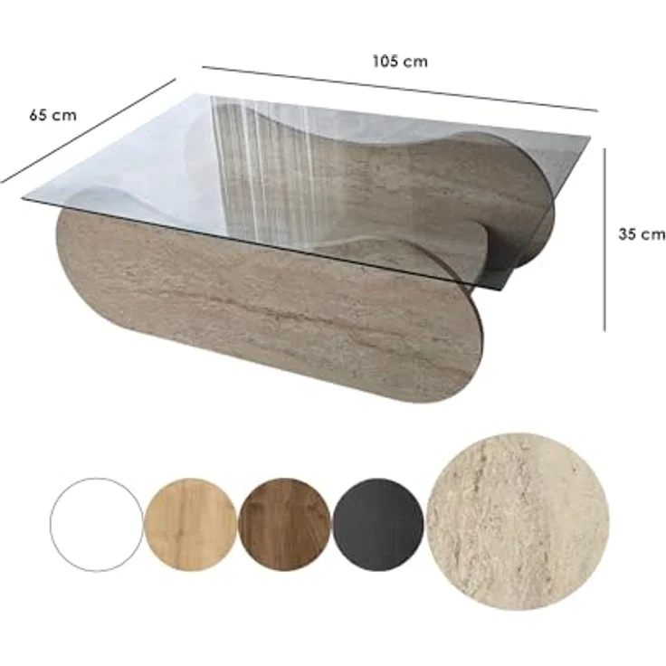 Modern Coffee Table, 105 cm Width, 35 cm Height, 65 cm Depth | 100% Tempered Glass & Melamine Coated Frame | Elegant Travertine & Transparent Design – Bild 3
