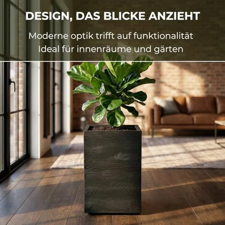 LAMELA Pflanzkübel mit Rollen Höhe 60 cm, 36L – Blumentopf aus Kunststoff in Holzoptik – Übertopf mit Wasserablauf – Modern für Innen & Außen - Wetterfest & Pflegeleicht, Schwarz – Bild 4