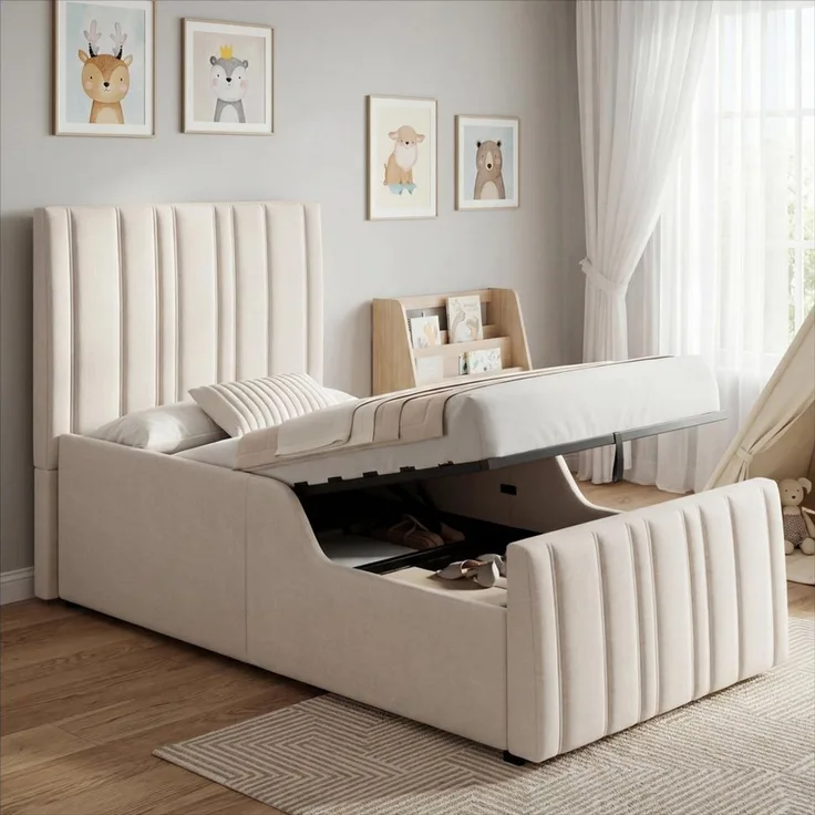 MODFU Polsterbett Beiges Leinen-Einzelbett 90x200 cm mit Stauraum (Packung, 1-tlg, Hydraulisches Funktionsbett, inkl. Lattenrost), Gepolstertes Kopfteil, für Kinder- & Jugendzimmer(ohne Matratze)