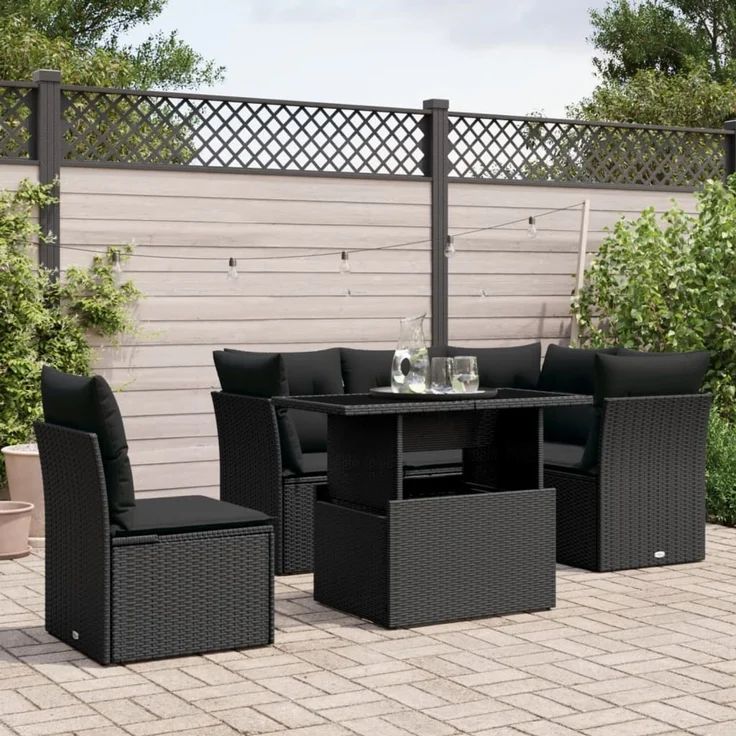 vidaXL 6-tlg. Garten-Sofagarnitur mit Kissen Schwarz Poly Rattan 3266585 – Bild 1