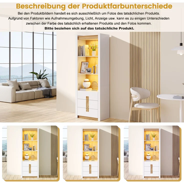 200cm Weiß Vitrinenschrank mit LED Beleuchtung, Bücherschrank mit 3 Schublade mit 3 Staufächern,Schrank für Wohnzimmer Küche Esszimmer , Schließfächer mit Verstellbare Trennwand,55x40x200cm – Bild 10