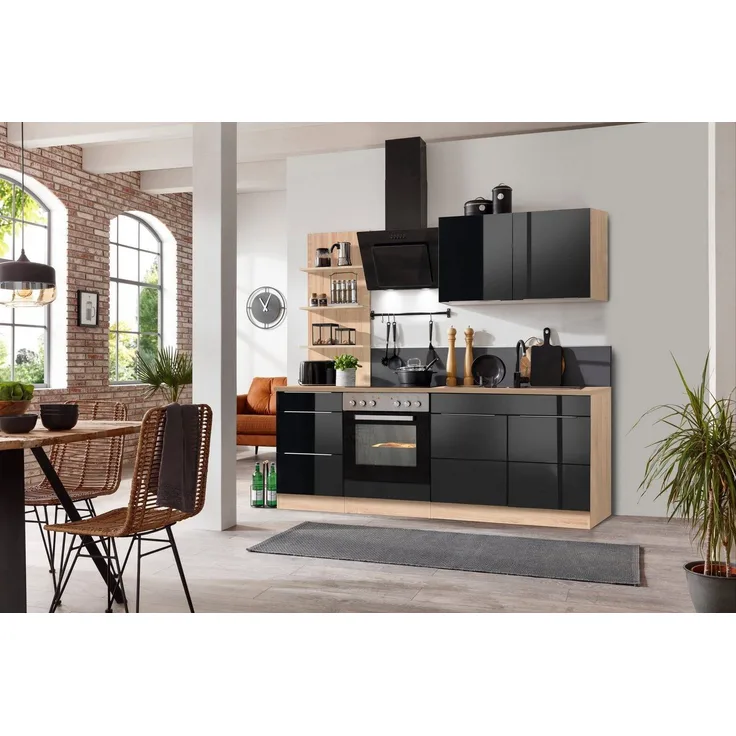 KOCHSTATION Küchenzeile KS-Brindisi, Breite 210 cm, wahlweise mit E-Geräten, mit MDF-Fronten und Regal