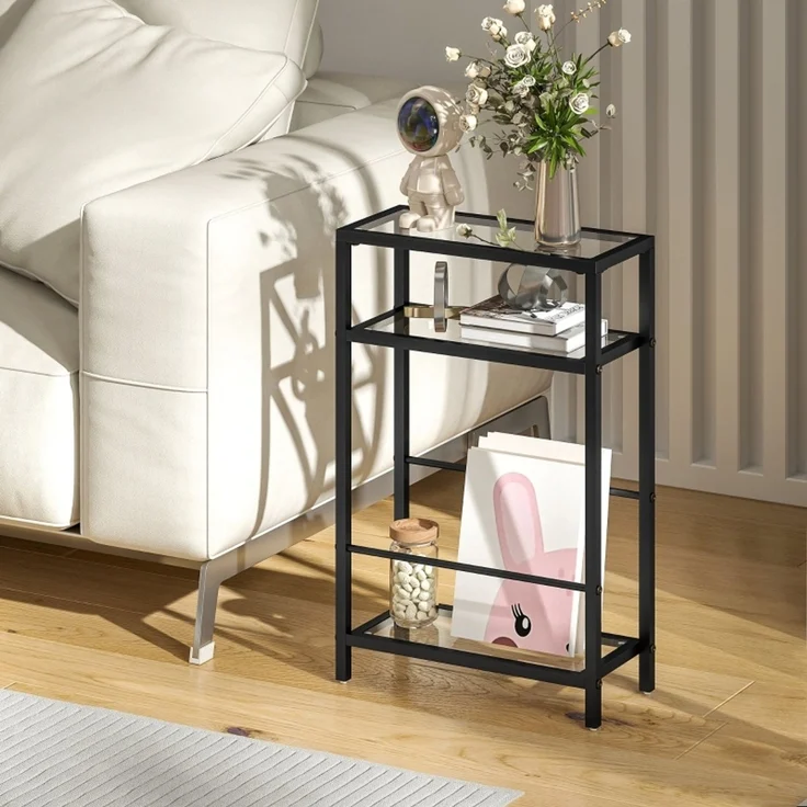 Beistelltisch 40 x 18 x 62 cm, mit Höhenverstellung, mit Bodenschonern, Möbelkonstruktion aus Glas, Schwarz – Bild 2