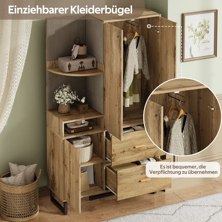 Kompaktgarderobe aus MDF mit Soft-Close & Schubladen, 110x38x186 cm, Natur/Schwarz – Bild 5