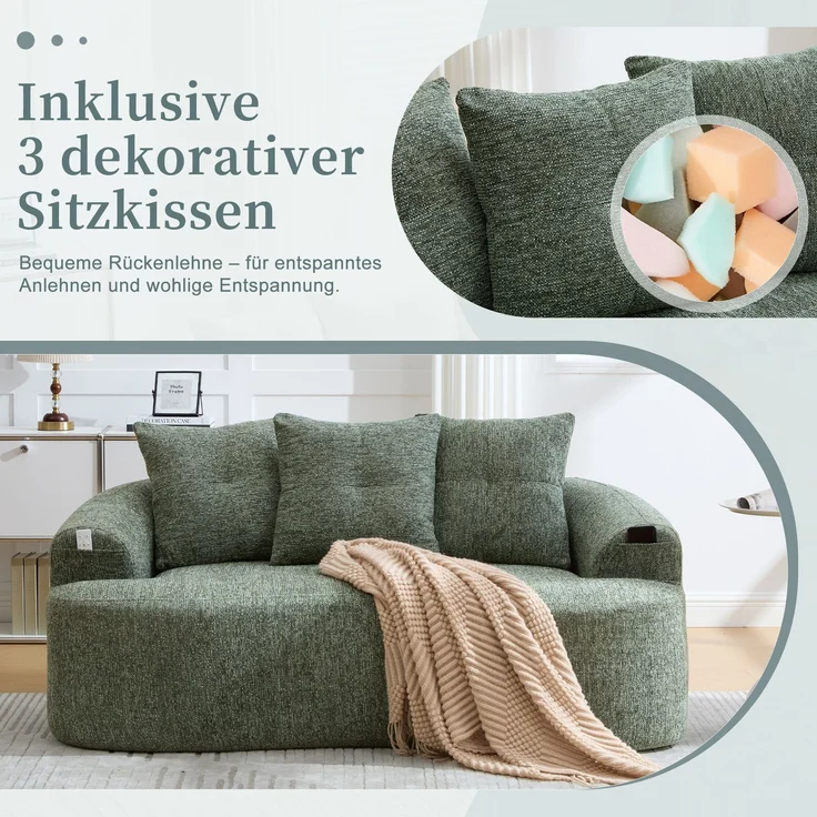 LVHOM 2-Sitzer Sofa mit 3 Kissen, Cloud Sofa mit komprimiertem Design, kein Aufbau erforderlich, Doppelsofa aus Chenille, Grün – Bild 8