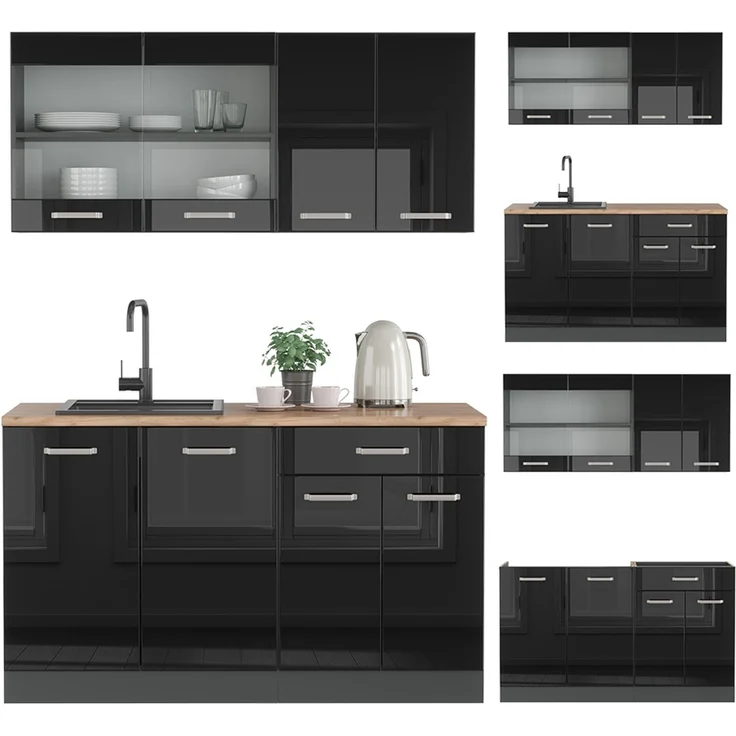 Singleküche R-Line Schwarz Hochglanz/Anthrazit 140 cm ohne Arbeitsplatte Vicco – Bild 6