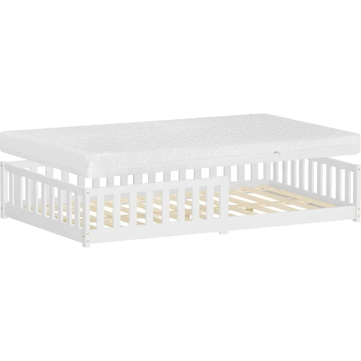 ML-DESIGN Spielbett Bodenbett Holzbett mit Lattenrost & Rausfallschutz Jugendbett Babybett, Abenteuerbett mit Matratze H-16 cm 120x200 cm Kinderbett Bettgestell