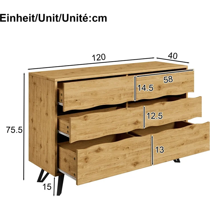 DESVIAE Sideboard mit 6 Schubladen 120x75,5x40 cm aus Spanplatte in Holzfarbe – Bild 10