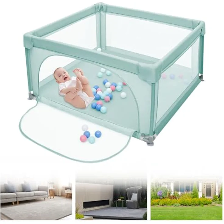 Baby Laufstall, Laufgitter klappbar, Ein-Knopf-Faltung & Sicherheitsschlössern, Krabbelgitter mit Netz & Reißverschluss, Laufgitterzelt für Kleinkinder,120 * 120 * 66cm – dunkelgrün – Bild 8