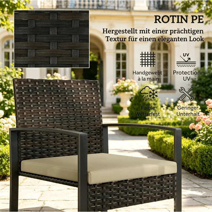 Gartenmöbelset aus PE-Rattan, 2 Sessel mit Kissen & Glastisch, 55x58x76 cm, Braun/Khaki/Schwarz – Bild 7