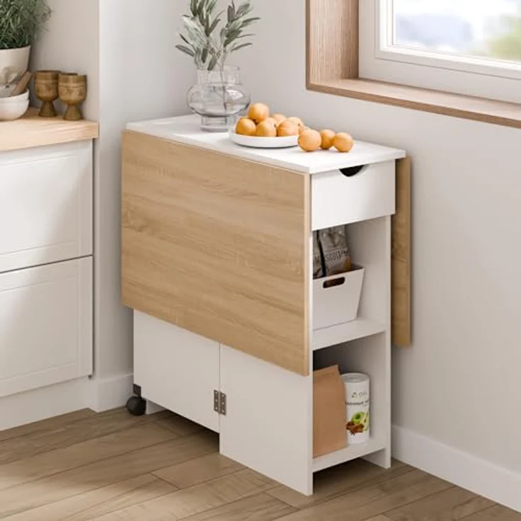 Mondeer Esstisch Klappbar, Küchentisch mit 1 Schublade und 2 Ablagen für 2-4 Personen, Klapptisch Esszimmertisch mit Rollen für Kleine Räume, Esszimmer, Küche, 72 x 120 x 75 cm, Eiche und Weiß – Bild 8