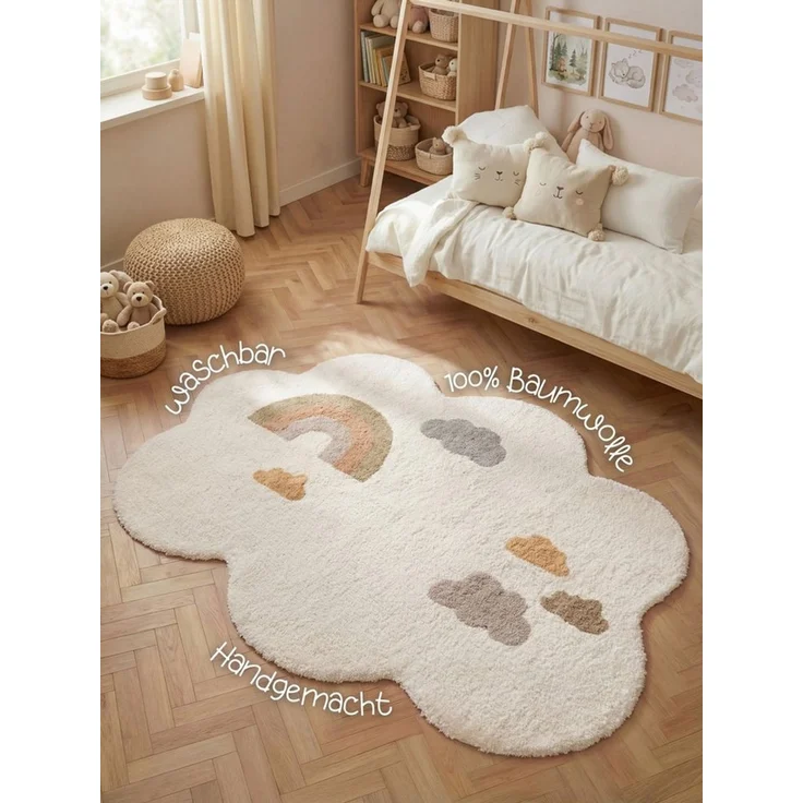 Hanse Home Kinderteppich Willy - Pflegeleichter Teppich Junge Mädchen, rutschfest&Waschbarer Formteppich Wolke Regenbogen, Kinderzimmer Weicher Spielteppich, Unterlage - Creme Multifarben, 140x200 cm – Bild 3