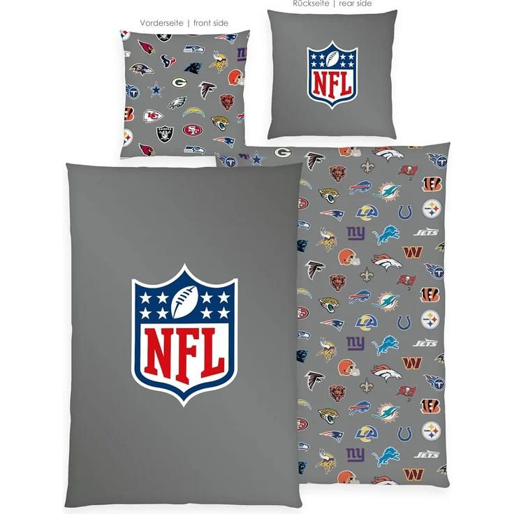Herding Wendebettwäsche 135x200cm, NFL American Football Logo Sticker Grau, Renforcé, 2 teilig, mit verschiedenen Logos – Bild 2