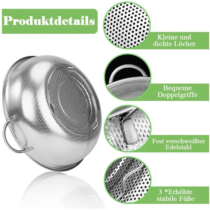 TUWENA Küchensieb 3 Stück Edelstahl Küchensieb, Mikroperforiertes Nudelsieb mit Griffen, Sieb 3er-Set,Spülmaschinenfest-16.5/22.5/28.5cm für Nudeln Obst Reis