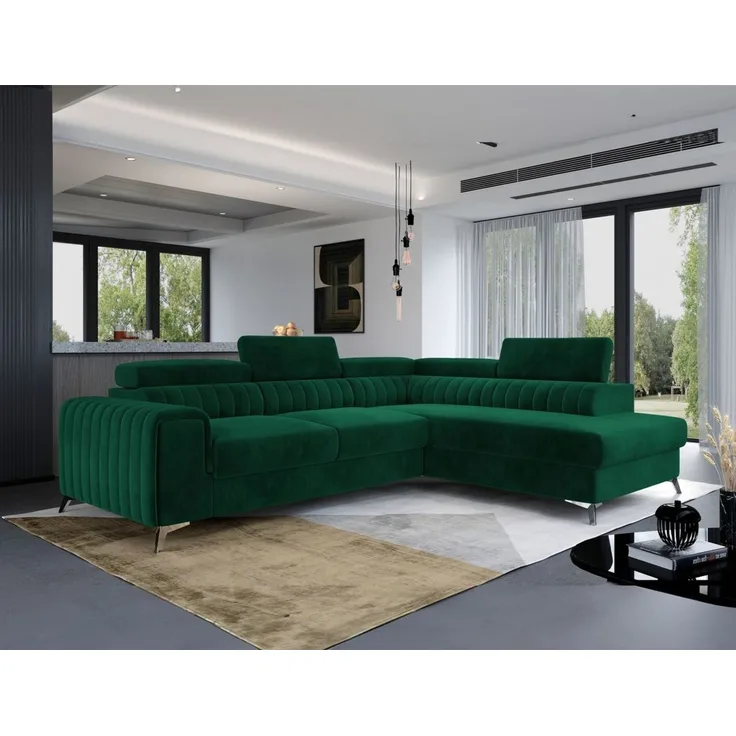 Ecksofa mit Schlaffunktion Sofa ELENI Stoff Kronos Flaschengrün Ottomane Rechts