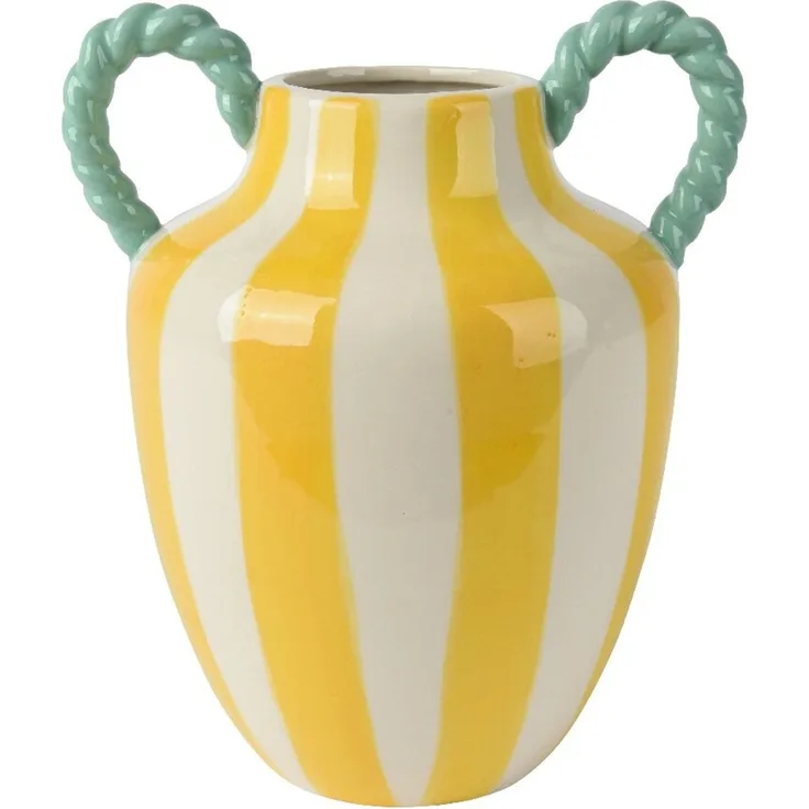 Decoris Vase Steingut gelb gestreift mit zwei Henkel, 17.8 x 26 x 21.2 cm, handgearbeitet