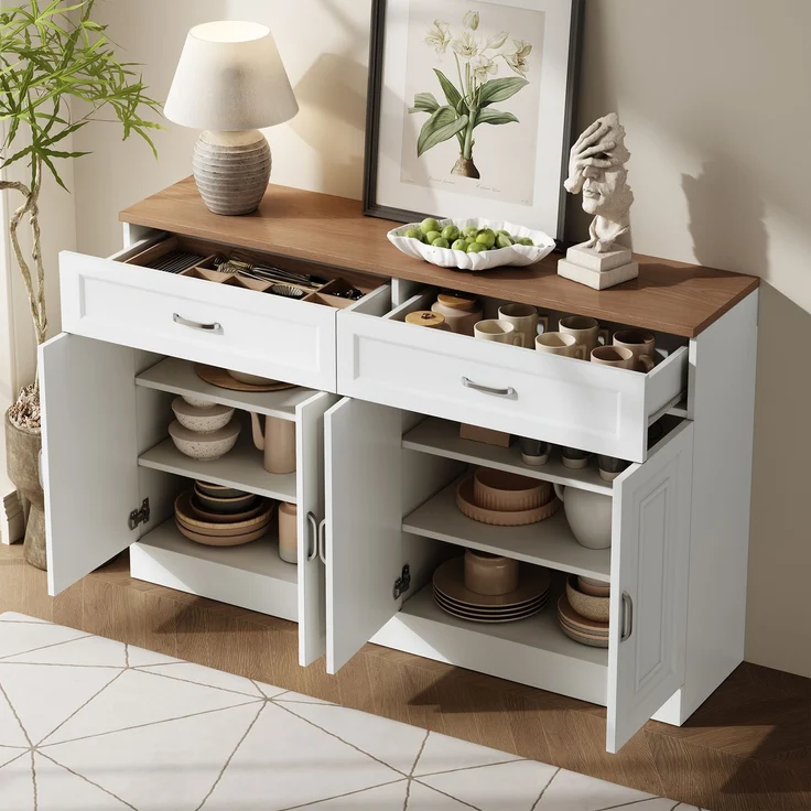 Merax Sideboard mit Regalen, Sideboard mit Rebounder, natürliche Holzmaserung, Holz und Weiß – Bild 5