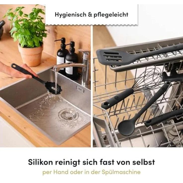 Hoffmann Germany Nudellöffel Pastalöffel Silikon Edelstahl 29,5 cm anthrazit, Portionshilfe 110g, Topfhaken, kratzerfrei, spülmaschinengeeignet – Bild 4
