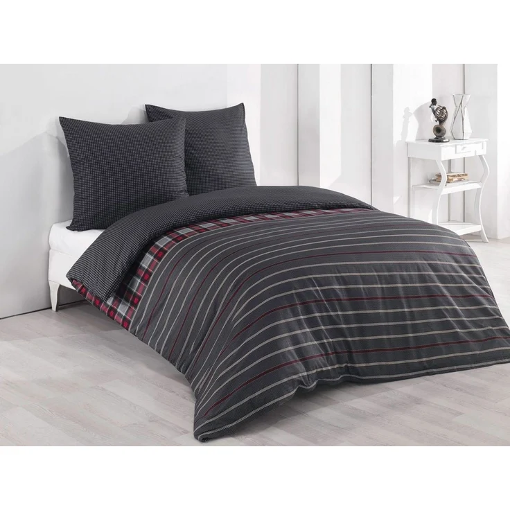 Buymax Bettwäsche Bettbezug Set, Renforcé, 3 teilig, 200x220 cm 100% Baumwolle Reißverschluss gestreift Antrazit Grau Rot – Bild 1