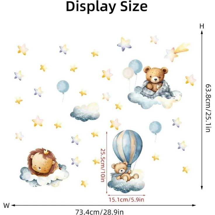 Montegoni Wandtattoo Kinder Wandsticker (Wandsticker mit Luftballon Löwe Bär Wolke Sterne Wandsticker, Kinderdeko, Kindergarten), Wandtattoo mit wildtieren für kinderzimmer, Babyzimmer – Bild 2