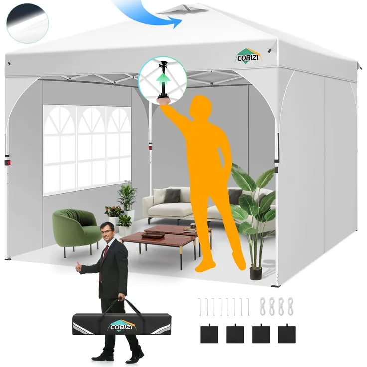 COBIZI Faltpavillon 3x3 Wasserdicht Stabil,EIN-Tasten-Zentralverriegelung,Partyzelt mit Entlüftung,Fluoreszierenden Streifen,3 Seitenteilen,4 Sandsack, Höhenverstellbar,Gartenzelt für Party,Weiß