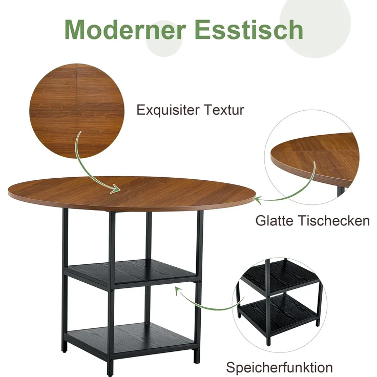 Esstischgruppe H 75 x T 107 x B 107 cm in Nussbaum-Optik mit 2 Bouclé-Stühlen, Metallgestell und Stauraum-Ebene – Bild 7